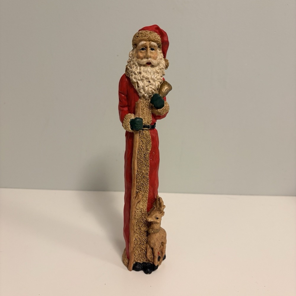 Vintage Pencil Slim Santa Claus Reindeer Folk Art Christmas Resin Figurine